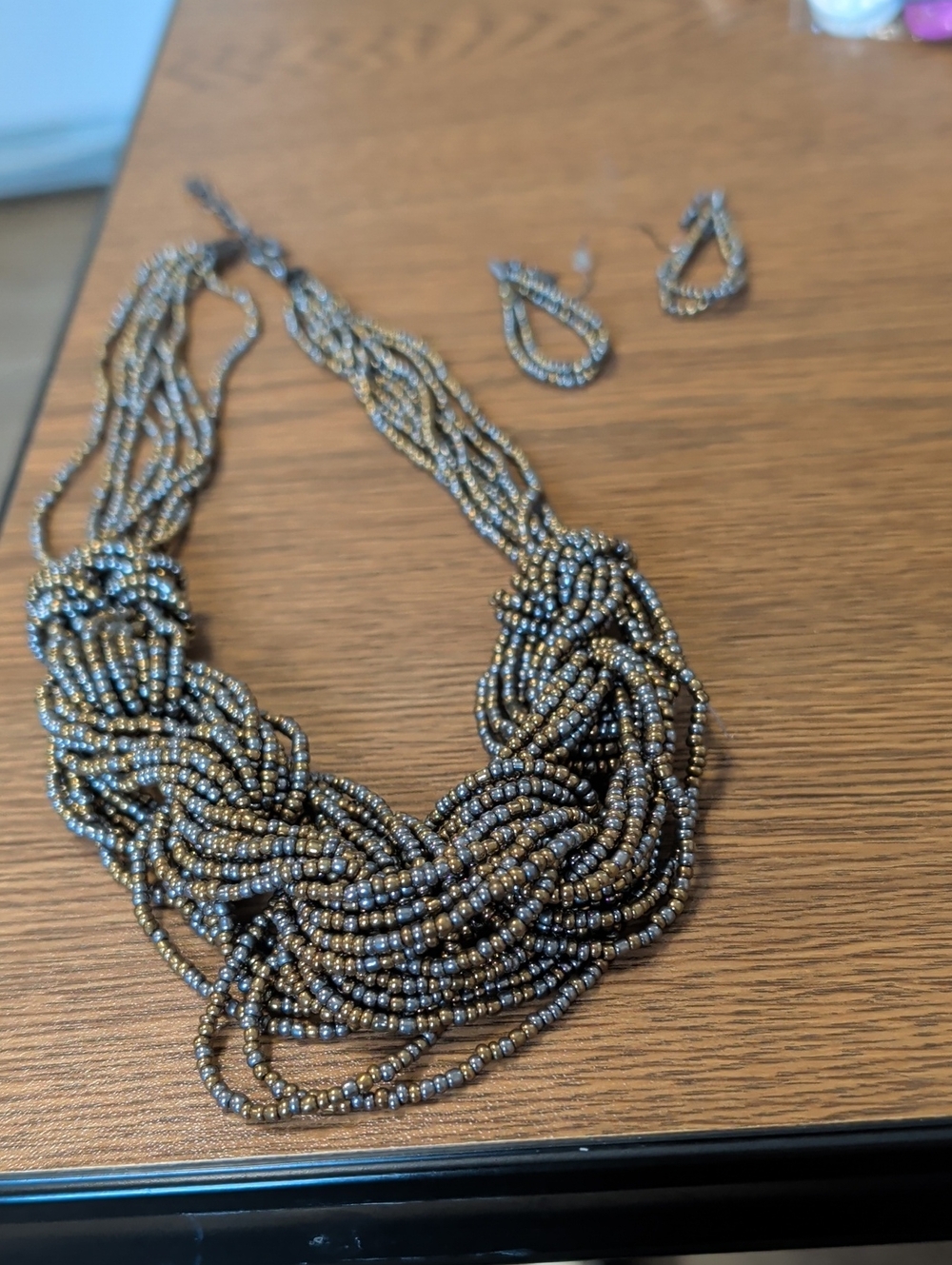 Multi-Strand Beaded Statement Necklace and Earrings Set - Metallic Bronze